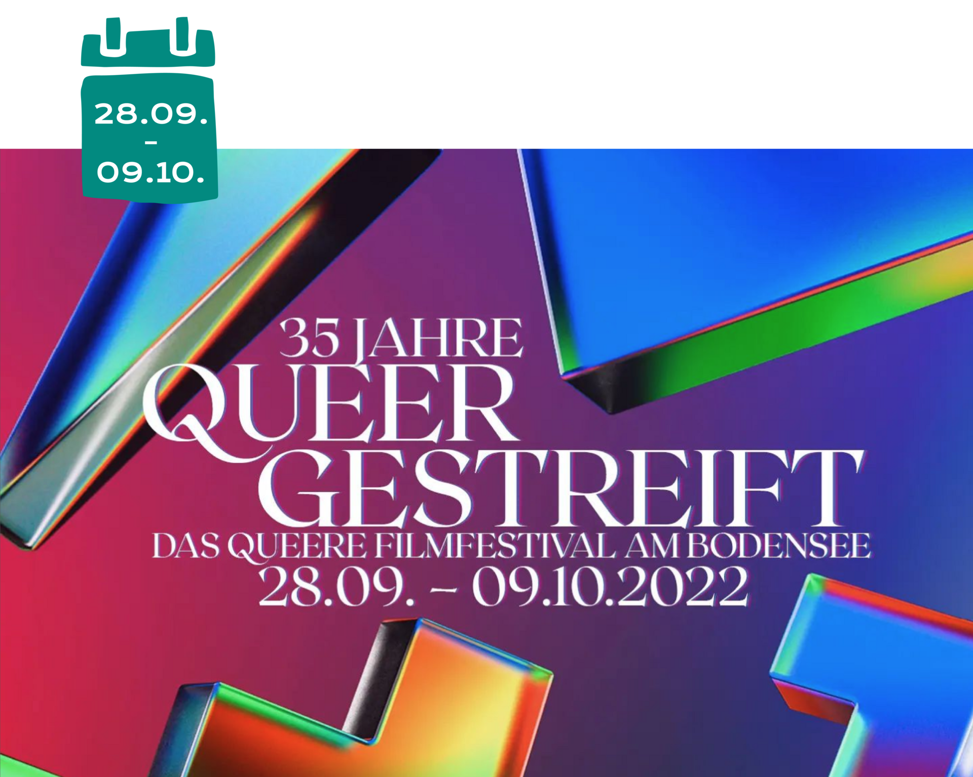 Schriftzug "Queergestreift Festival" auf buntem Hintergrund, umschlossen von schillernden 3D Formen