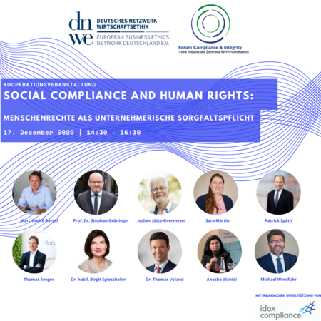 Veranstaltungsflyer: Digital FCIntegrity Talk "Social Compliance & Human Rights: Menschenrechte als unternehmerische Sorgfaltspflicht"