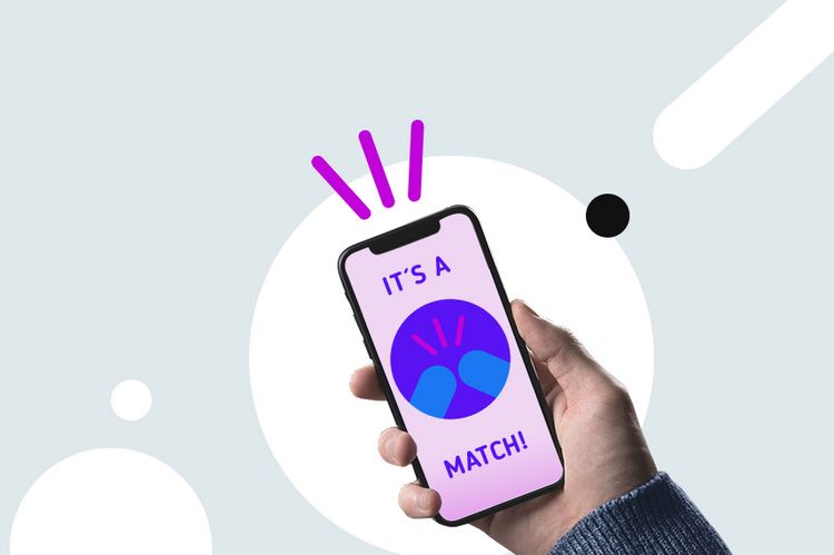 Eine Hand hält ein Smartphone vor einen dunkelblauen Hintergurnd mit weißen und schwarzen Kreisen. Auf dem Bildschirm ist das Icon des "impAct"-Logos zu sehen und der Schriftzug "It's a match".