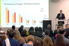 Prof. Dr. Christian von Lübke hält einen Vortrag an einem Stehpult mit Mikrofon. Im Hintergrund ist eine Präsentationsfolie zu sehen. Im Vordergrund sitzt das Publikum.