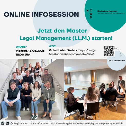 Links ist ein Gruppenbild von Studierenden zu sehen, die in einem modernen Treppenhaus auf den Stufen sitzen, zu sehen. Rechts sind zwei Gruppen an Studierenden zu erkennen, die an kleinen Tischen im Gebäude miteinander diskutieren