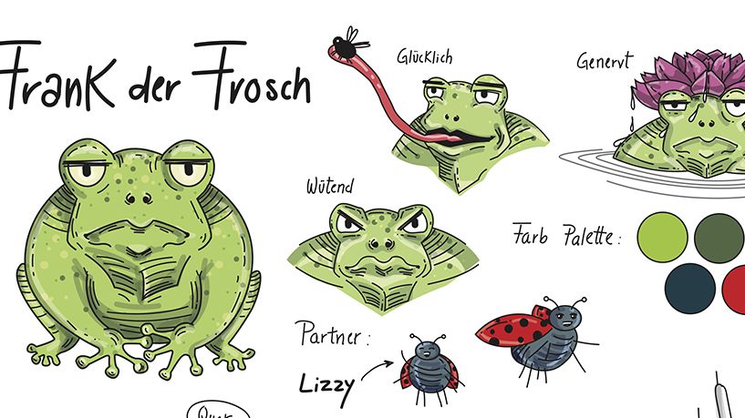 Beispielfoto Projekt »Character Design«. Illustrationen eines Froschs.