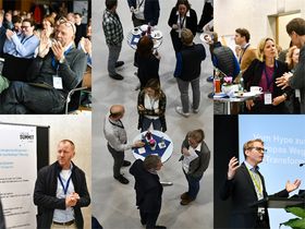 Fotocollage bestehend aus Tagungsfotos. Die Bilder zeigen Menschen an Stehtischen, im Vortragspublikum und am Rednerpult