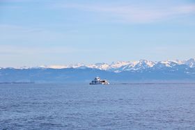 Das Bild zeigt den Bodensee mit Alpenpanorama. In der Mitte des Sees fährt ein Katamaran zu sehen