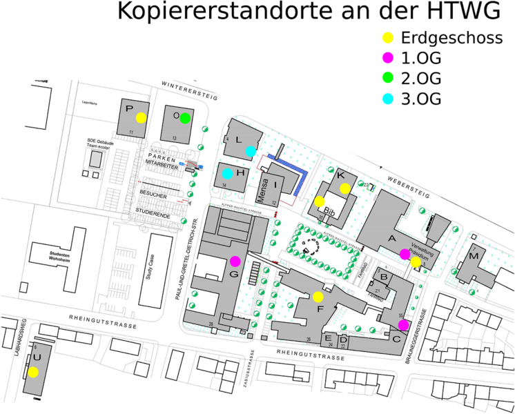 Campusplan auf dem die Kopierer mit farbigen Punkten markiert sind.