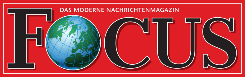 Logo Focus: schwarze Schrift auf roten Untergrund, das "O" ist eine Weltkugel.