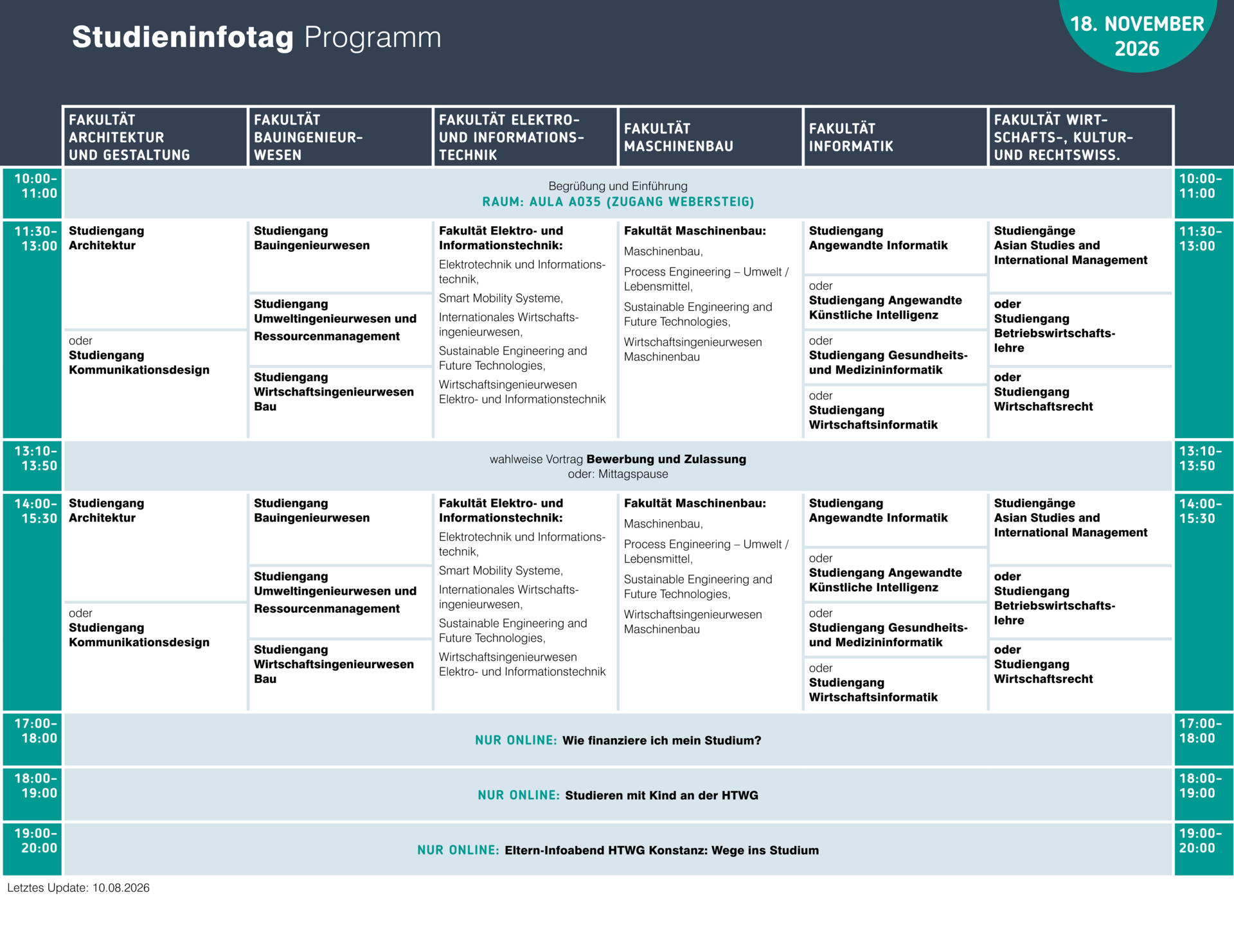 Zeitplan Studieninfotag 11/2026 (Inhalte siehe verlinktes PDF)