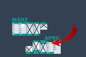Ein Kalenderausschnitt mit der Wochenansicht der Monate März und April. Ein roter Pfeil zeigt auf den 20. April.