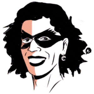 Illustration von Studiengangsreferentin Bettina Schröm, dargestellt als Superheldin mit schwarzer Augenmaske