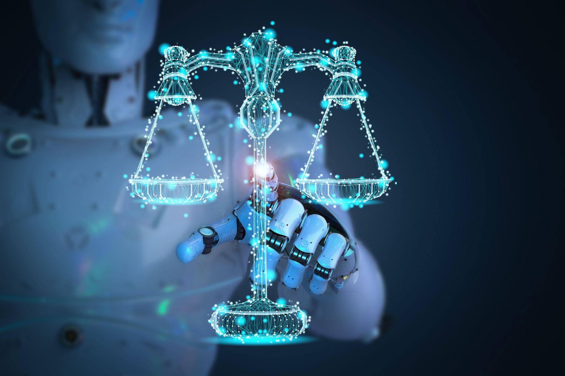 Ein Roboter in Menschengestalt hinter einer animierten Balkenwaage als Symbol für die Digitalisierung im Recht