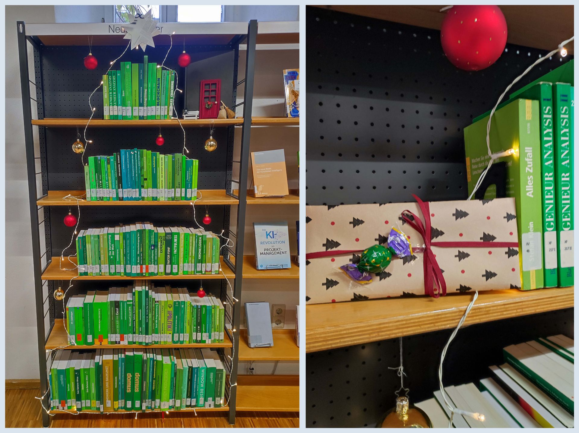 Collage der Weihnachtsdekoration 2025. Grüne Bücher die in Form einer Tanne aufgestelt sind und ein weihnachtlich Verpacktes Geschenk