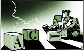 Eine Illustration von Frankensteins Monster, das mit Bauklötzen spielt
