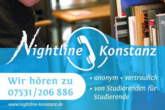 Ein Bücherregal im Hintergrund. Es wird das Logo und die Telefonnummer 07531 - 206 886 der Nightline Kosntanz abgebildet.