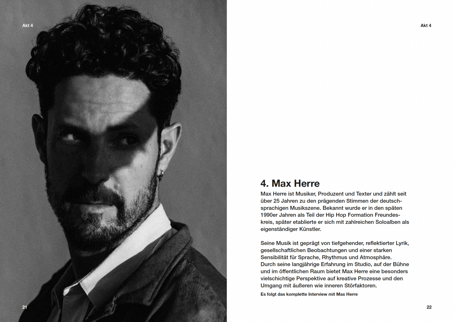 Das Bild zeigt ein Porträt von Max Herre mit einem Text zur Person