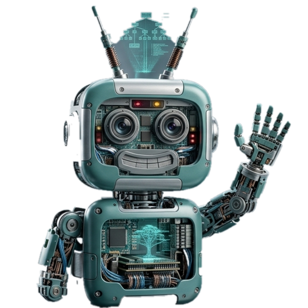 Bild eines kleinen Chatbots, der den linken Arm erhoben hat.