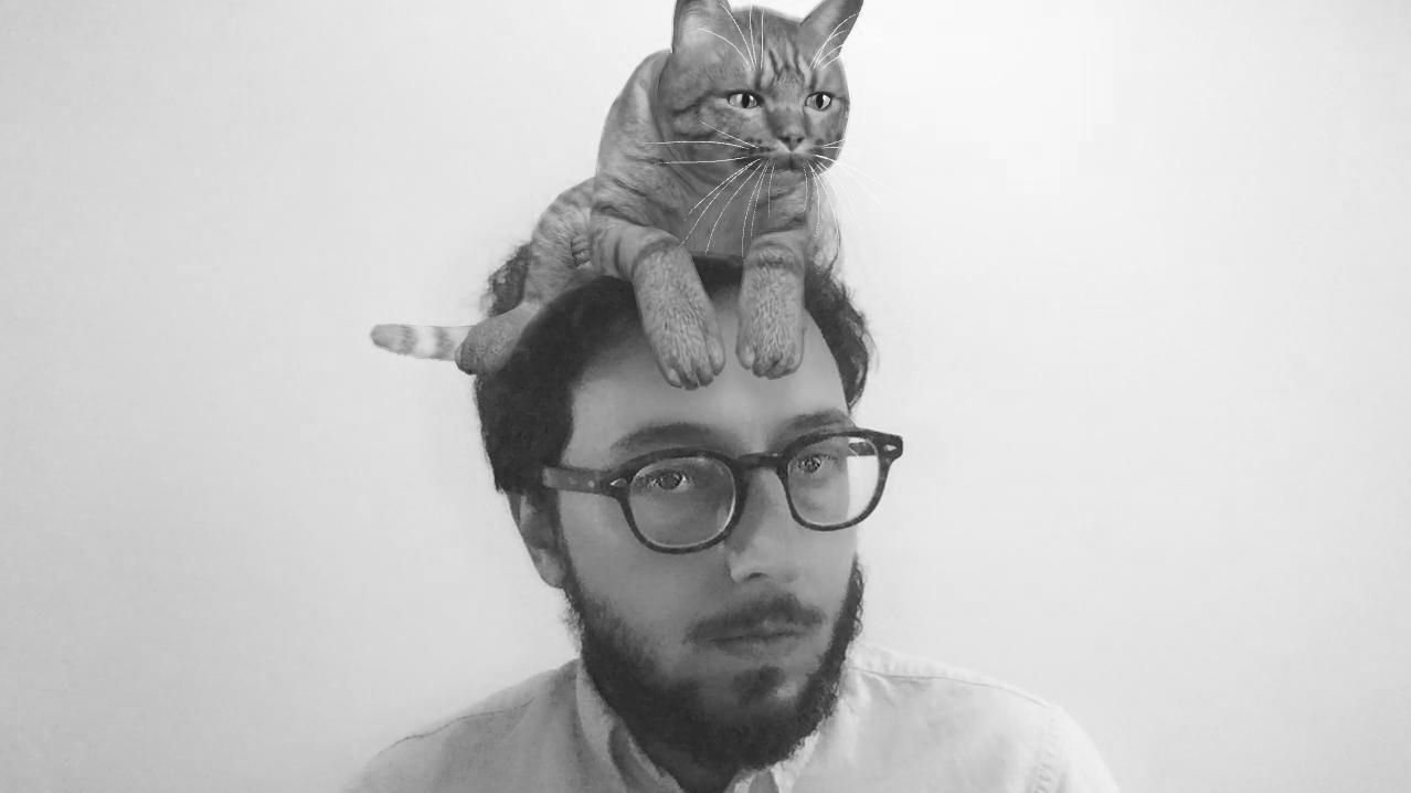 KI-generiertes Porträt mit Katze auf dem Kopf