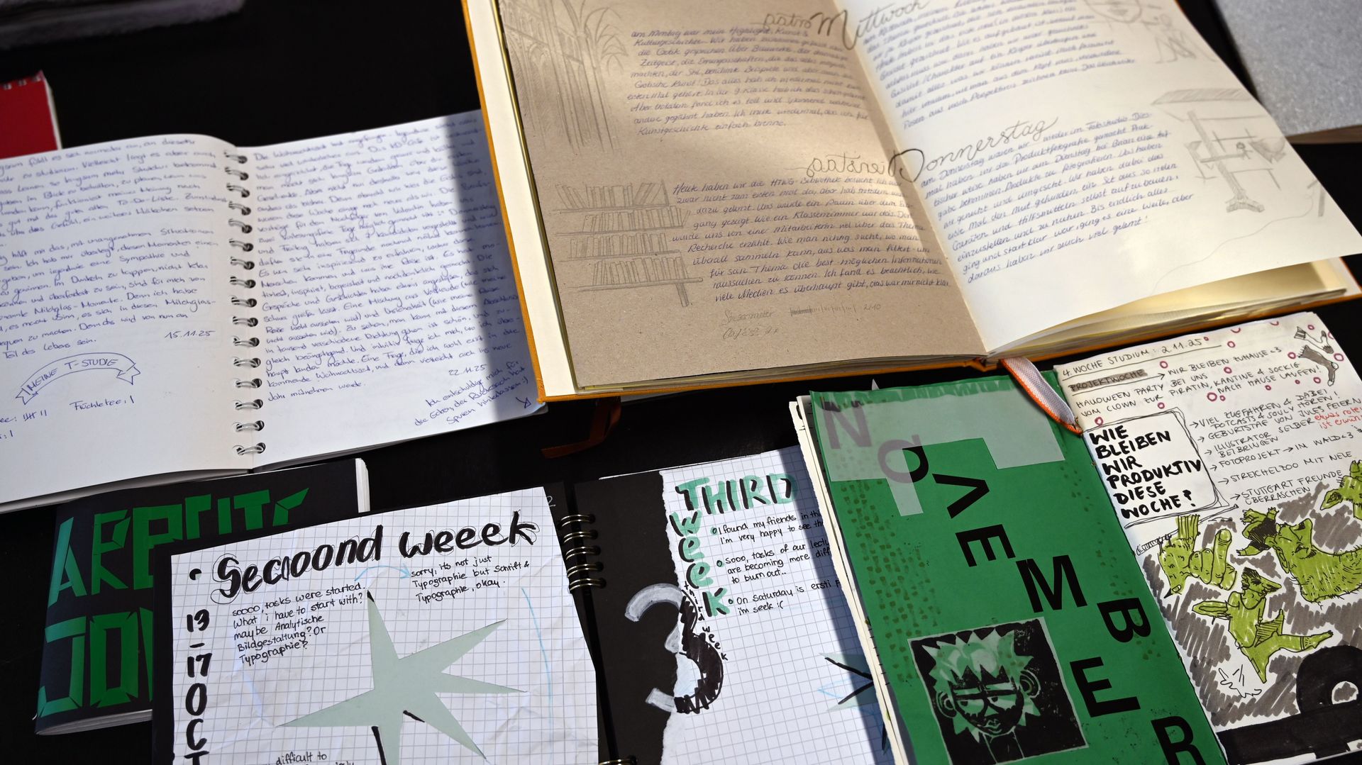 Aufgeschlagene Arbeitsjournale