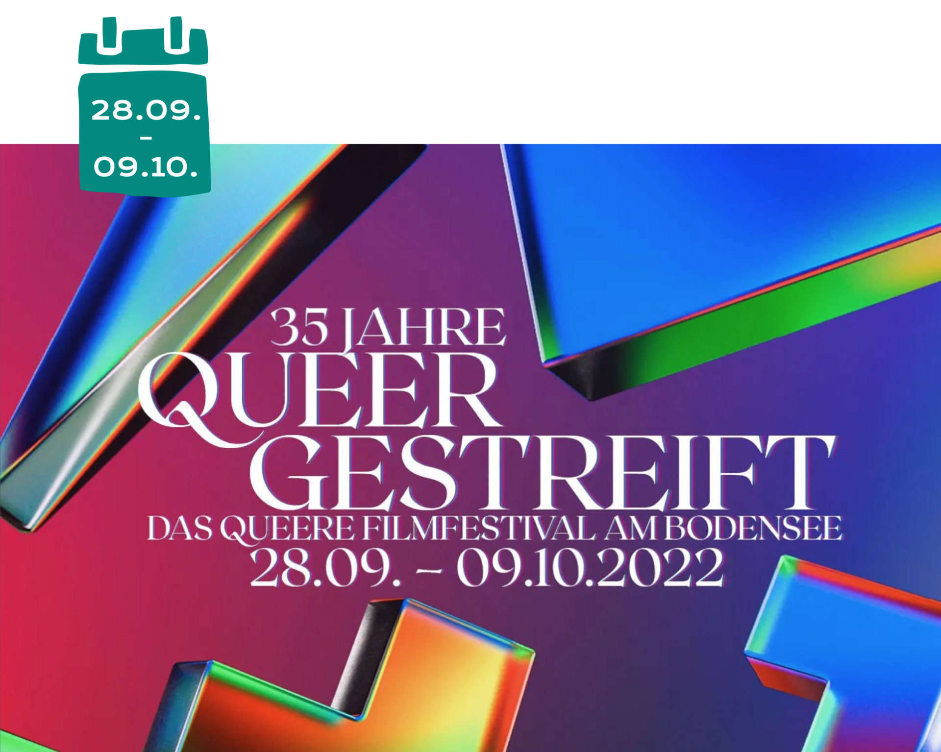 Schriftzug "35 Jahre Queergestreift" sitzt in der Mitte vor Hintergrund, wird von schillernden 3D Formen umschlossen.