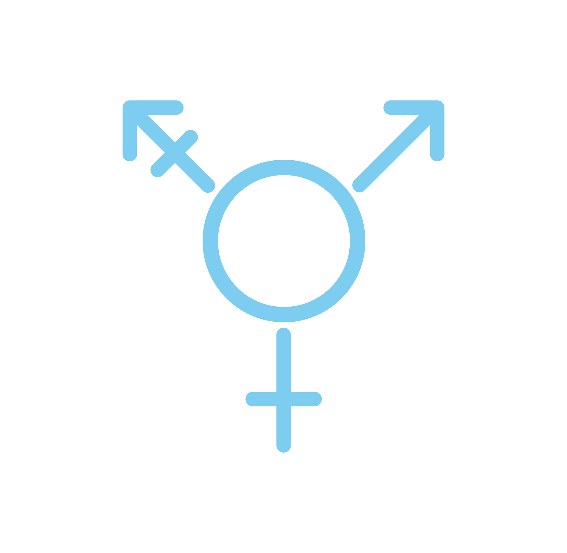 A minimalist illustration on the theme of diversity. It features an inclusive gender symbol that unites all gender identities in a single image. The illustration has a soft, friendly look, with a blue outline on a white background.