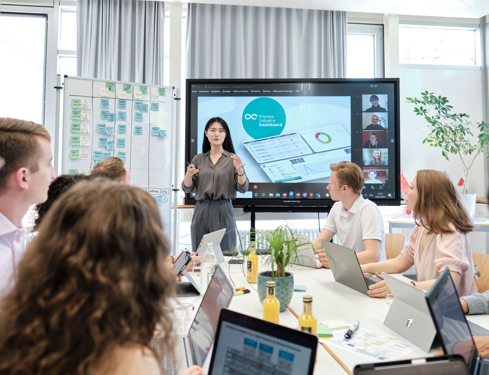 Discussion of international group of students with whitboard and sreen Discussion of international group of students with whitboard and sreen