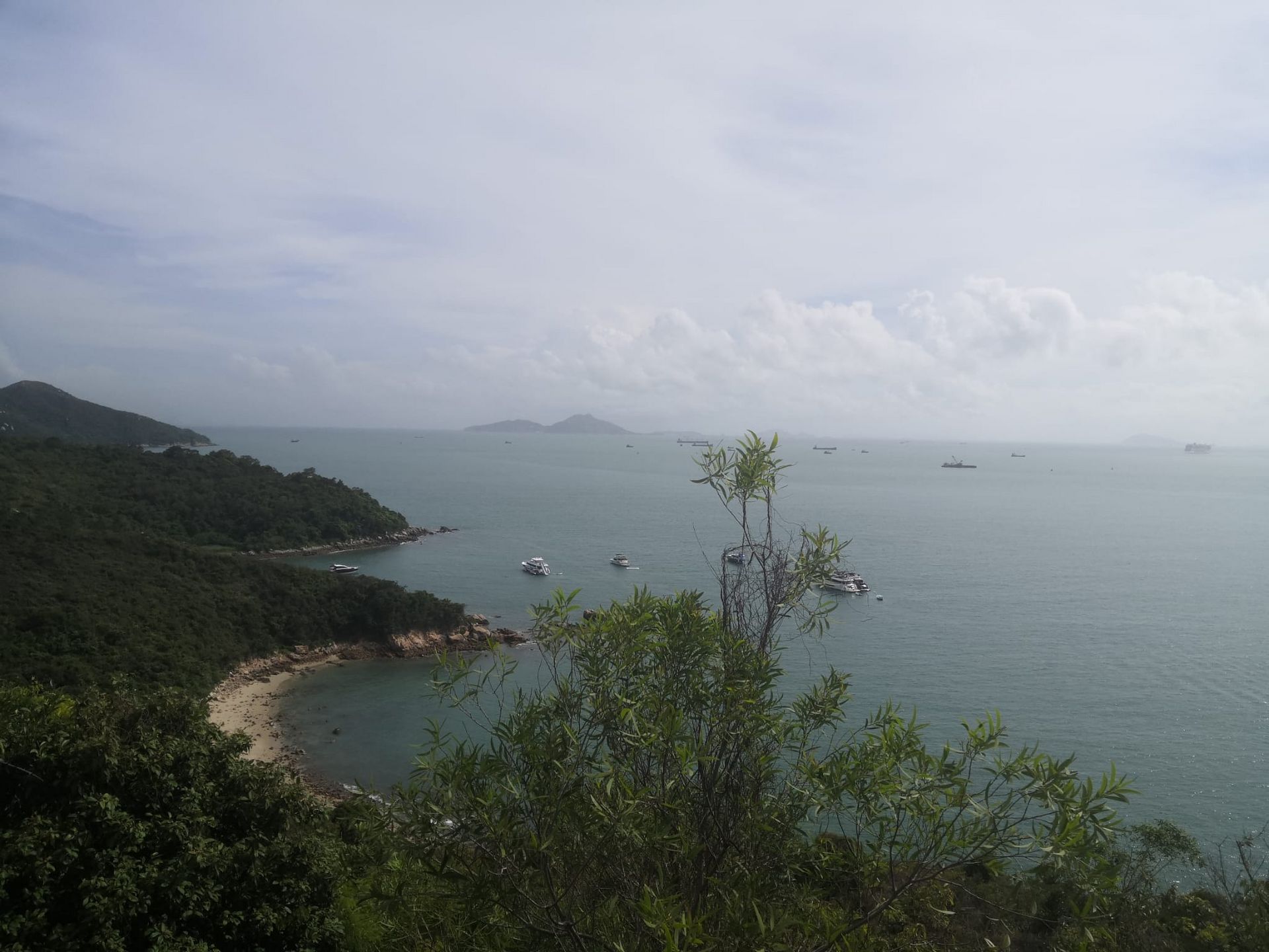 Eine Bucht mit Strand und grünen Hügeln von oben betrachtet.