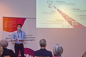 Ein Moderator vor einer Leinwand. Im Vordergrund Publikum.