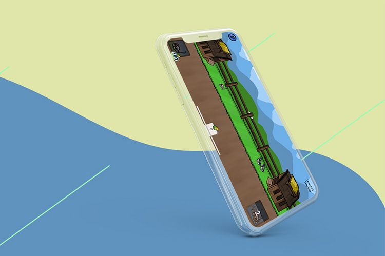 Ein Smartphone liegt schräg auf einem Hintergrund mit einer blauen und einer hellgründen Welle. Auf dem Bildschirm des Smartphones ist eine Szene des Spiels "Hungry chicks" zu sehen.
