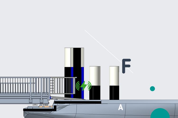 Die Illustration von HTWG-Student Tarek Sadek zeigt, wie sich der Landungssteg passgenau auf das Deck des Fährschiffs absenkt. Über eine hier angebrachte Induktionsplatte wird die kabellose Stromversorgung der Fähre während der Liegezeit im Hafen mit Landstrom möglich.