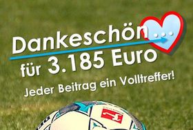 Auf einem Foto eines Fußballplatzrasens ist der Schriftzug "Dankeschön für 3185 Euro" zu sehen.