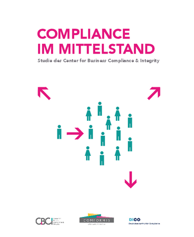 "Compliance im Mittelstand" in pinken Buchstaben und darunter grüne Menschenfiguren mit pinken Pfeilen.