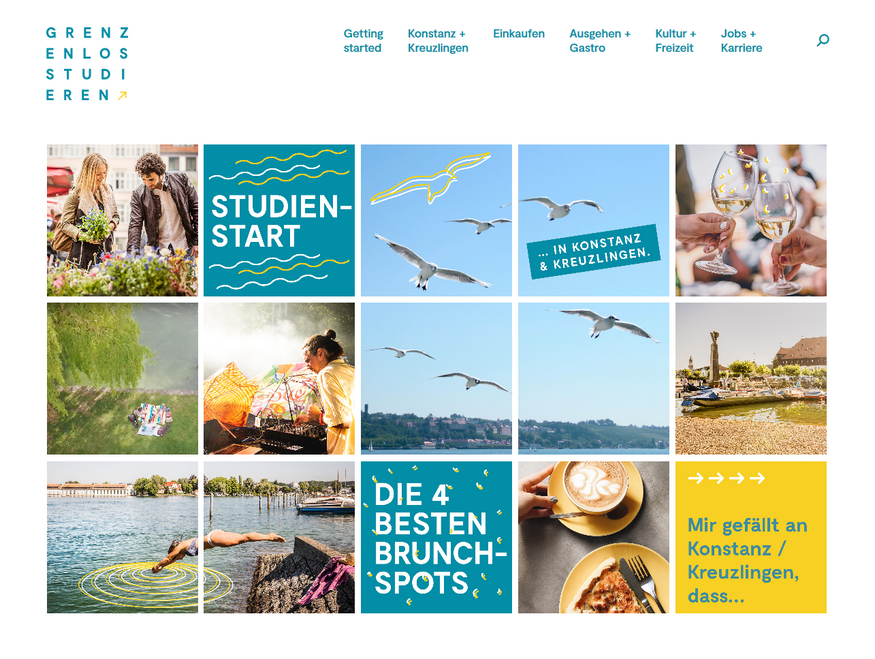 Screenshot der Startseite von grenzenlos-studieren.de. Sie besteht aus 15 Bildkacheln. Darauf zu sehen sind Bilder vom Bodensee und jungen Menschen. Drei Kacheln sind beschriftet. Sie verlinken auf Inhalte der Website.