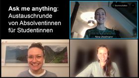 Screenshot der Online-Sitzung mit Fotos von drei Frauen plus Text "Austauschrunde von Absolventinnen für Studentinnen"