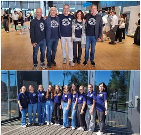 Eine Montage von zwei Gruppenfotos. Auf dem oberen Fotos sind Professoren und eine Mitarbeiterin der HTWG zu sehen, auf dem unteren Studentinnen