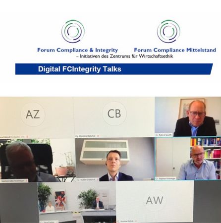 Logo der Digital FCIntegrity Talks und Foto der Panelisten des 2. Talks.