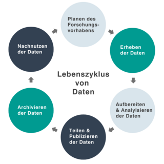 Auf dem Bild wird der Lebenszyklus von Daten dargestellt. Zu sehen ist ein Kreis aus Punkten in verschiedenen Farben. Die Punkte sind mit Pfeilen verbunden, sodass sich ein Kreislauf ergibt, der den Lebensweg von Daten anzeigt.