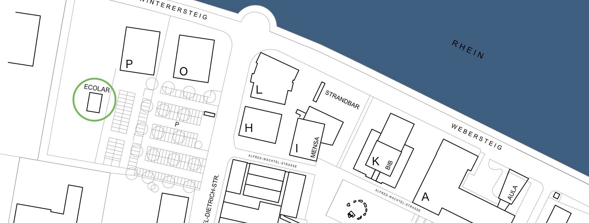 Campusplan zur Lage des Ecolar, südlich des P Gebäudes. 