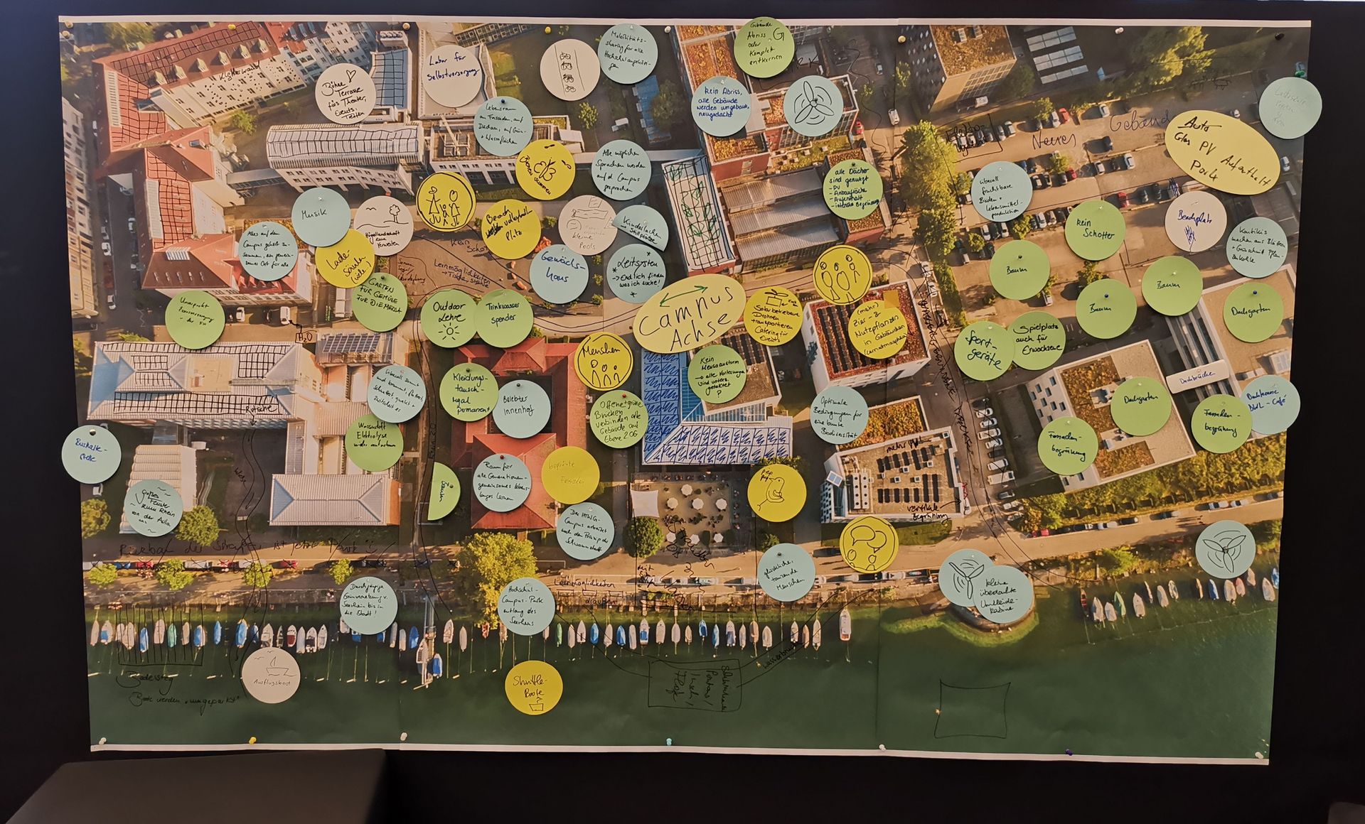 Das Bild zeigt ein großes Plakat einer Luftaufnahme des Campusgeländes, auf welches die Ideen zum klimapositiven Campus gezeichnet und geklebt wurden. In einem Workshop zum ZielBILD der klimapositiven HTWG 2030 wurde eine Utopie der HTWG entworfen. Die Ideen werden in eine interaktive Campuskarte eingebettet.
