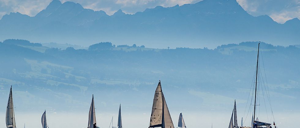 Blick auf den Bodensee, im Vordergrund sind Segelboote zu sehen, im Hintergrund Hügel und Berge.