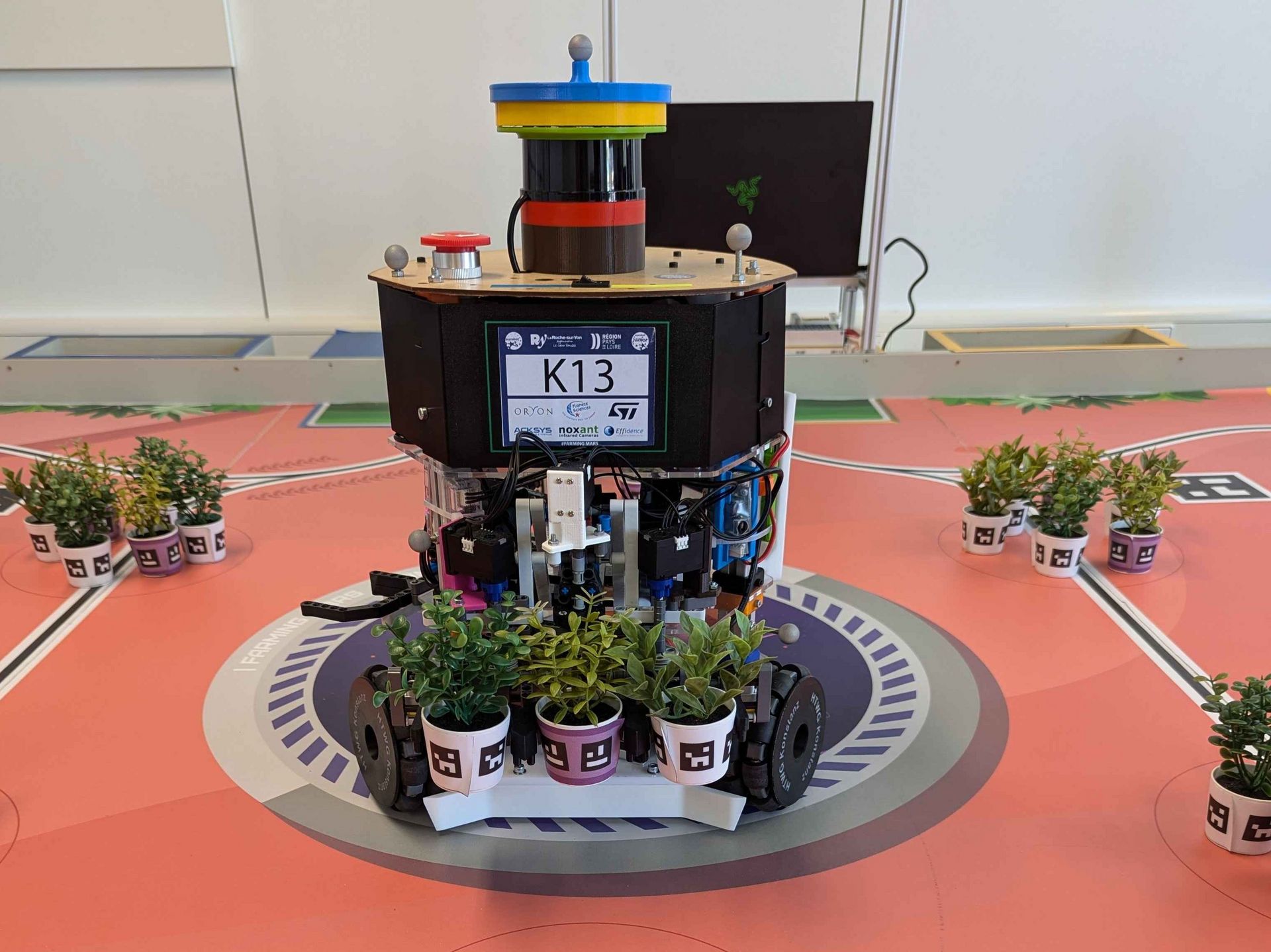 Eurobot Roboter auf einem passenden Spielfeld, wie er die Pflanzen der Aufgabe hält.