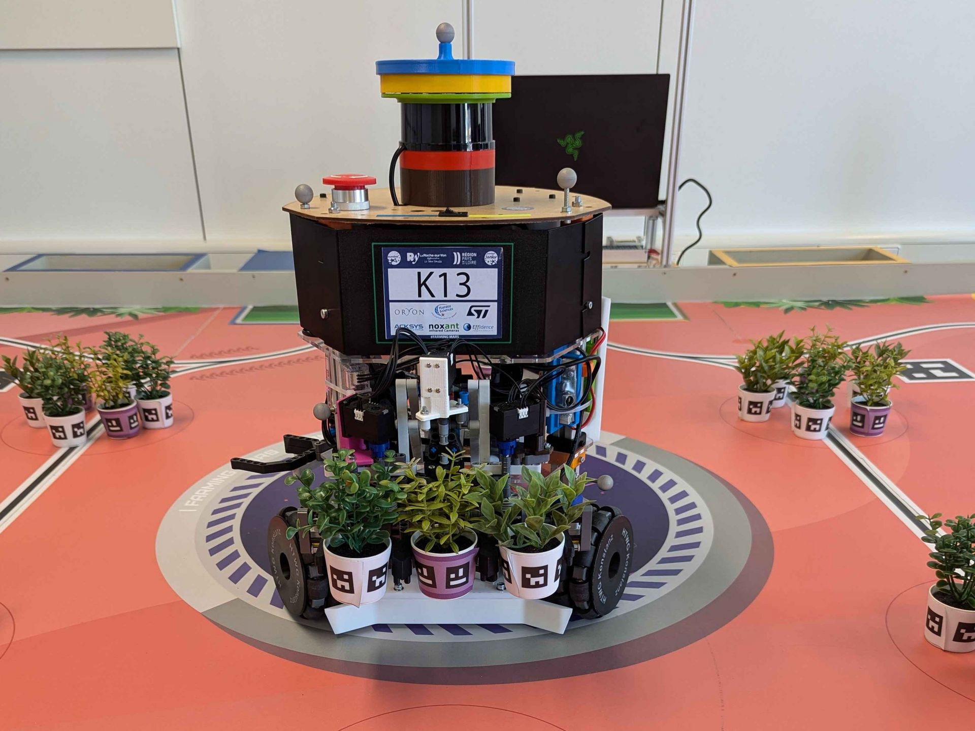 Eurobot Roboter auf einem passenden Spielfeld, wie er die Pflanzen der Aufgabe hält.