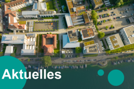 Schriftzug "Aktuelles" auf einem Drohnenbild des HTWG Konstanz Campus