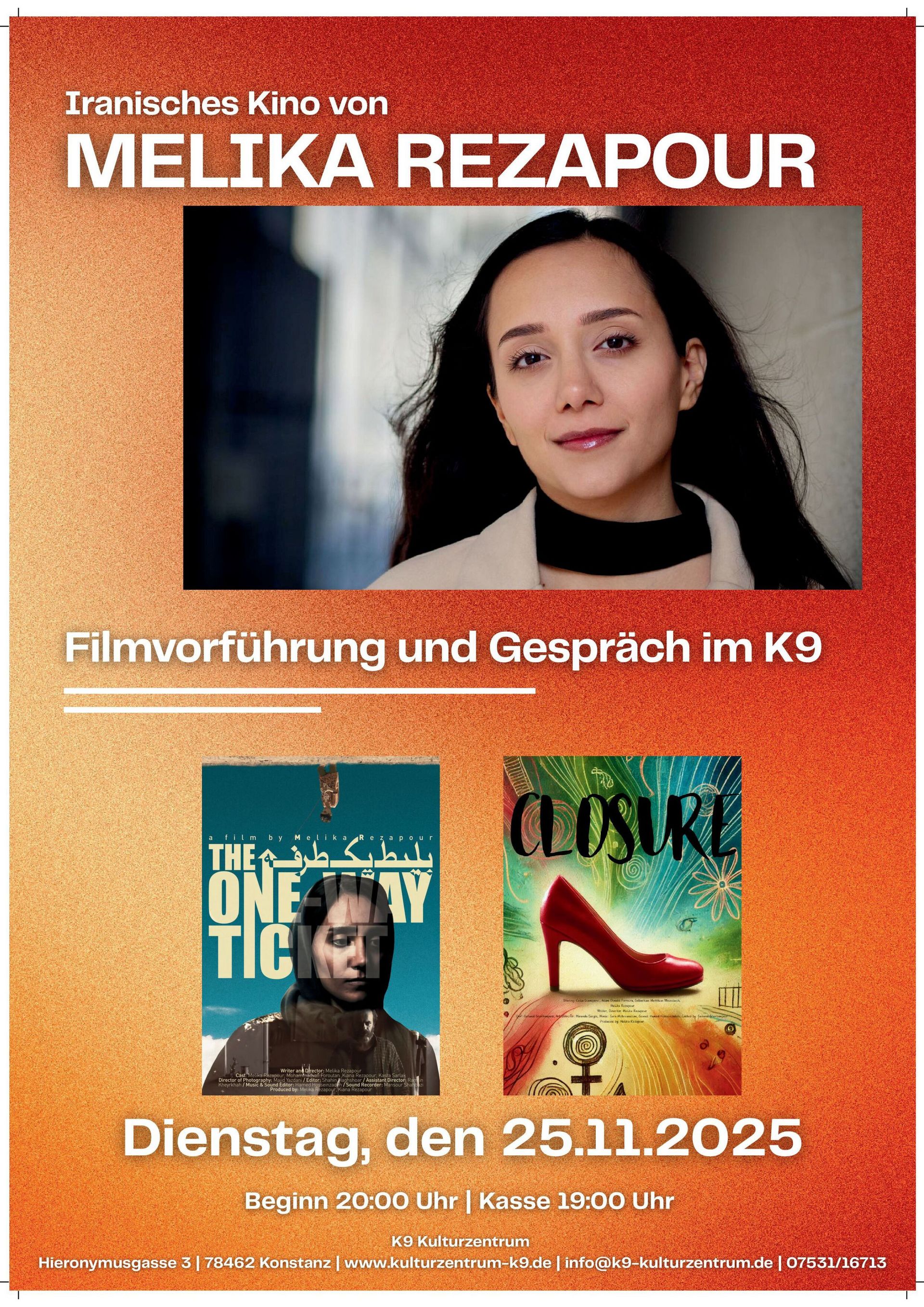 Plakat der Veranstaltung mit einem Foto von Melika Rezapour und den beiden Filmplakaten.