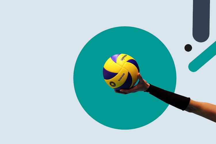 Fotocollage auf mintgrünem Hintergrund: Aus dem rechten Bildrand ragt ein Arm mit Unterarmschoner. In der Hand liegt ein Volleyball.