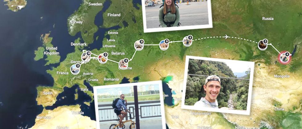Blick auf eine Landkarte von Europa, dem Norden Afrikas und dem Westen Asiens, auf die drei Polaroidfotos geheftet sind. Auf einem Foto sitzt ein Student auf einem Fahrrad, auf einem ist ein Portrait eines Studenten vor einer grünen Landschaft, auf einem anderen ist eine Studentin, die einen großen Rucksack auf dem Rücken trägt.