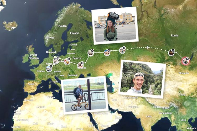 Blick auf eine Landkarte von Europa, dem Norden Afrikas und dem Westen Asiens, auf die drei Polaroidfotos geheftet sind. Auf einem Foto sitzt ein Student auf einem Fahrrad, auf einem ist ein Portrait eines Studenten vor einer grünen Landschaft, auf einem anderen ist eine Studentin, die einen großen Rucksack auf dem Rücken trägt.