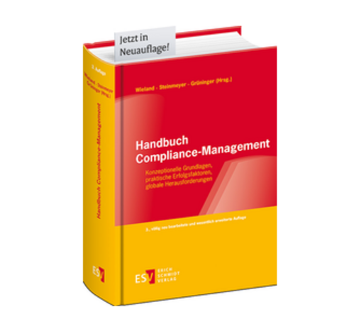 Bild von dem Handbuch Compliance-Management. Das Buch hat einen roten Buchrücken, der obere Teil des Covers ist gelb, der untere Teil Rot. Die Schrift auf dem Cover ist weiß und rot.