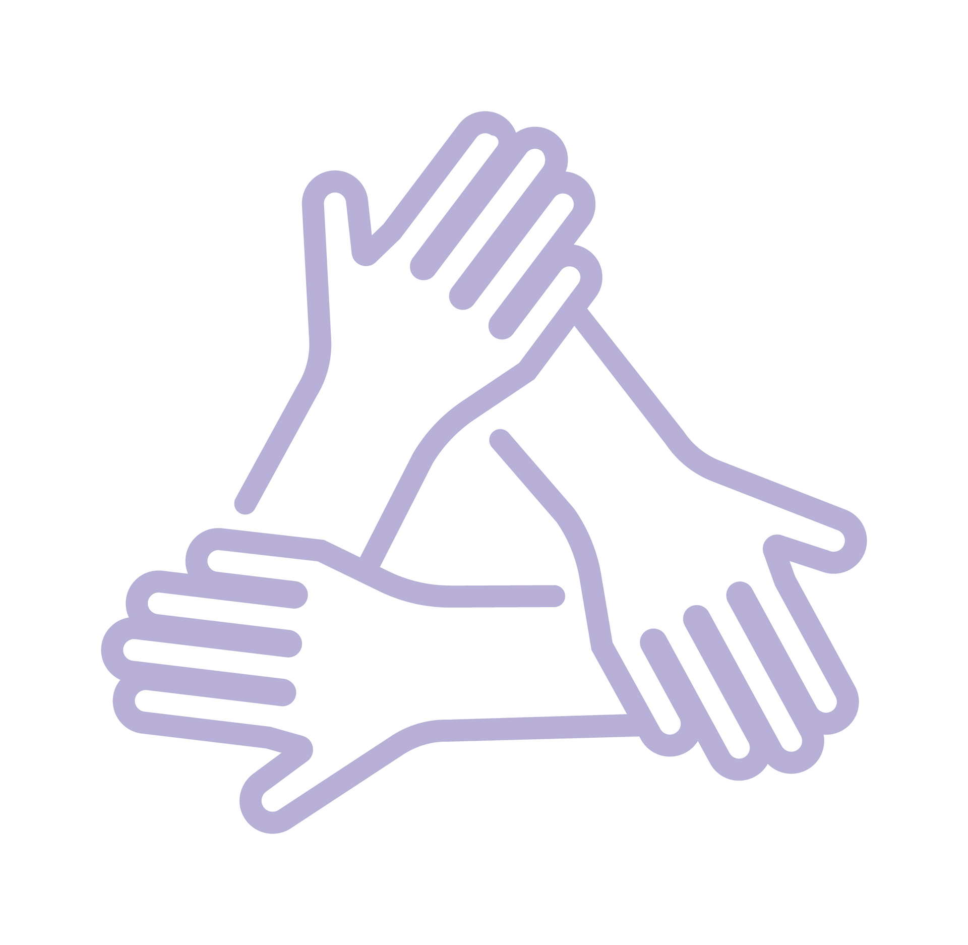 A minimalist-style illustration on the topic of anti-discrimination. It shows three hands stacked on top of one another, forming a triangle. The illustration has a soft, friendly feel, with purple outline stripes on a white background.