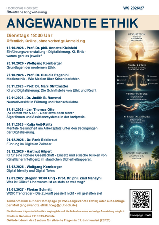 Plakat mit dem Programm der Ringvorlesung "Angewandte Ethik" im Wintersemester 2026/27. Bildnachweis: HTWG.