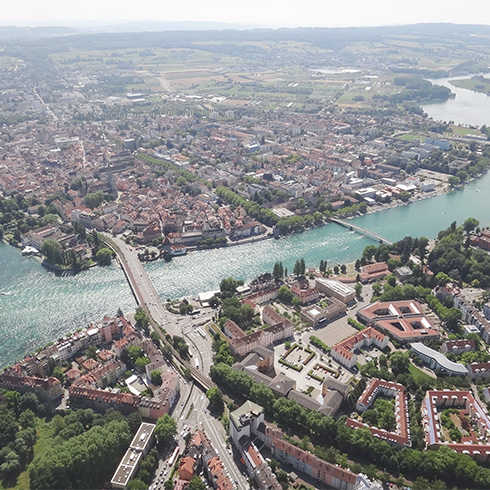Luftaufnahme des Seerheins und Konstanzer Trichters
