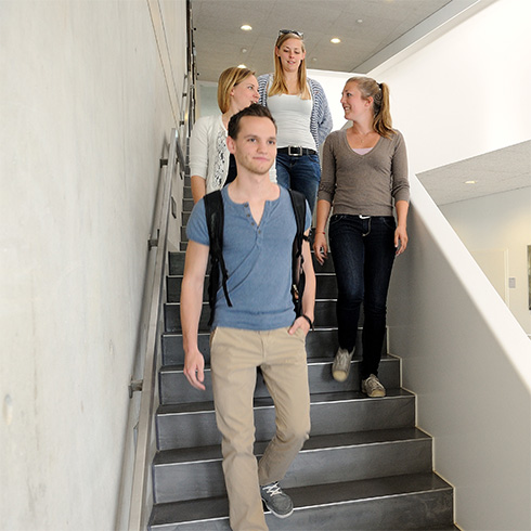 Studierende gehen eine Treppe hinunter
